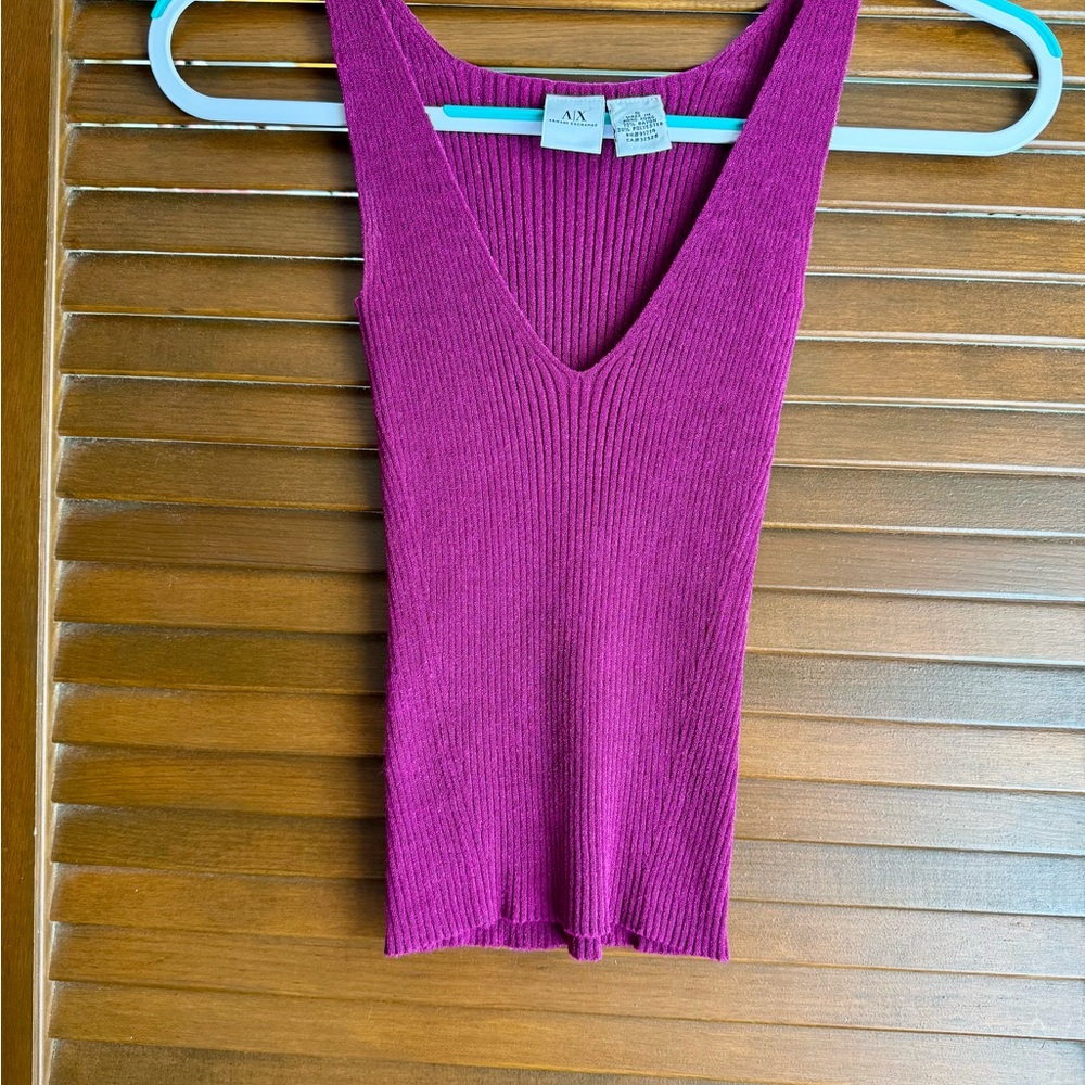 Armani Exchange Ribbed V-Neck Tank in Magenta